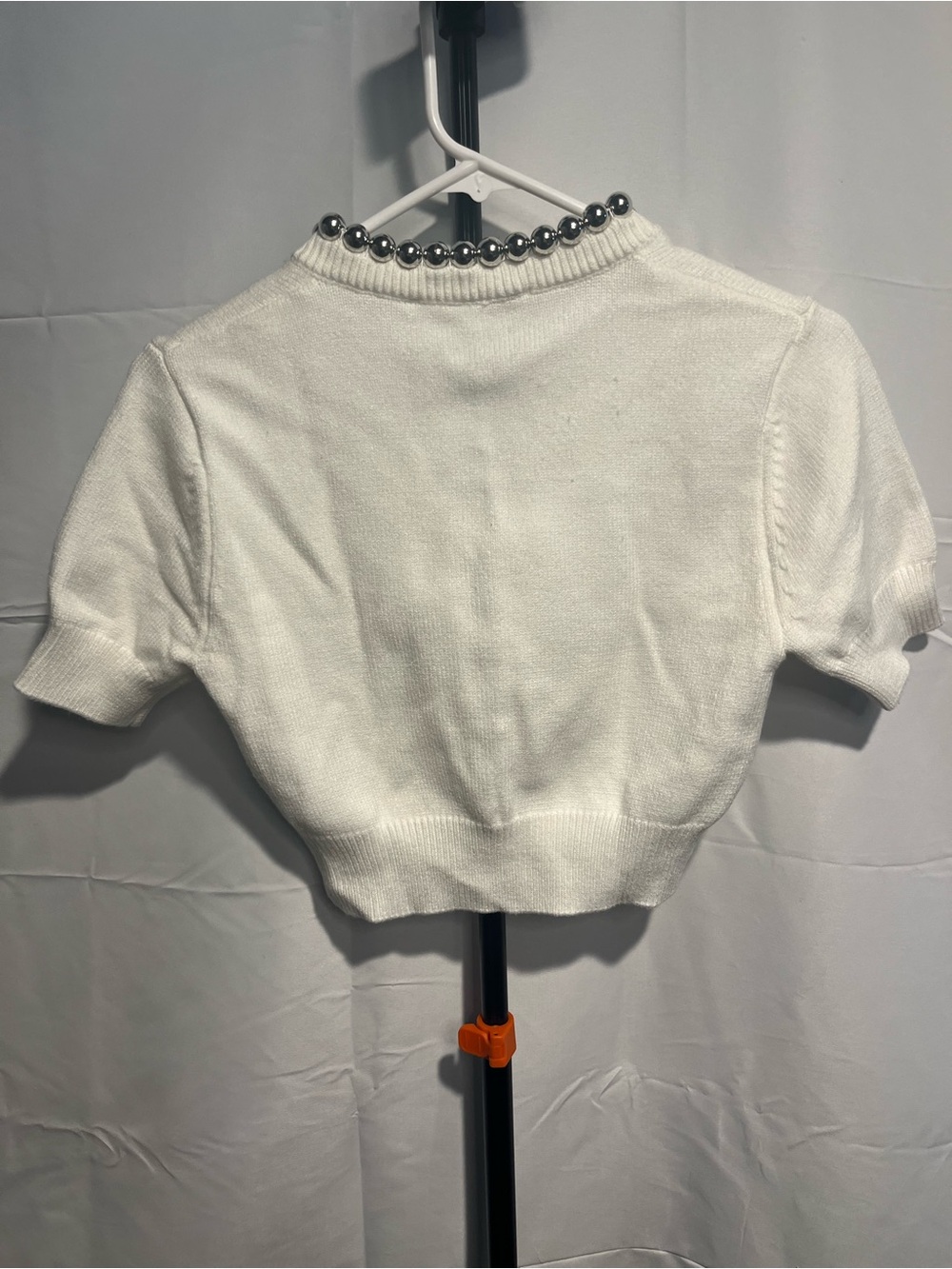 Zara White Short Sleeve w/ Silver oversized metallic silver Beaded Neck Cardigan - Picture 2 of 10